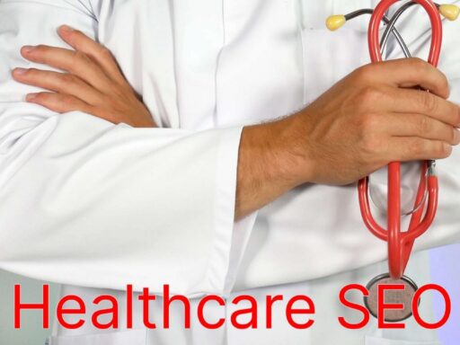 A man holding a stethoscope with the words healthcare seo.