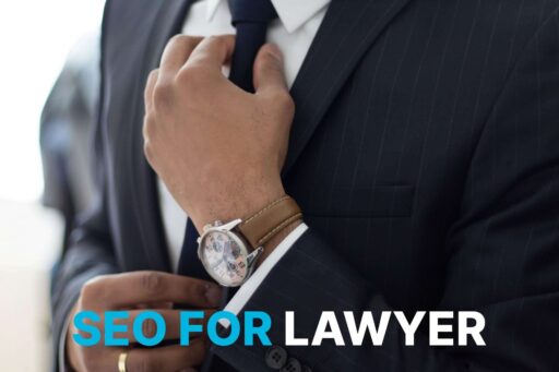 A man in a suit is adjusting his watch with the words seo for lawyer.