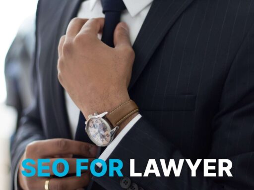 A man in a suit is adjusting his watch with the words seo for lawyer.