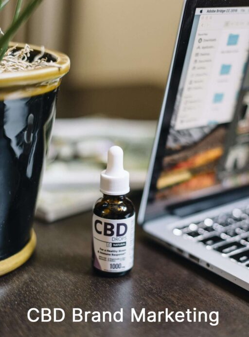 A bottle of cbd on a laptop with the words cbd brand marketing.