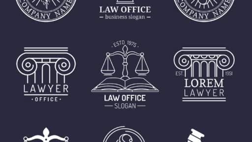 A set of law logos and emblems on a dark background.