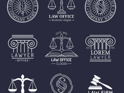 A set of law logos and emblems on a dark background.